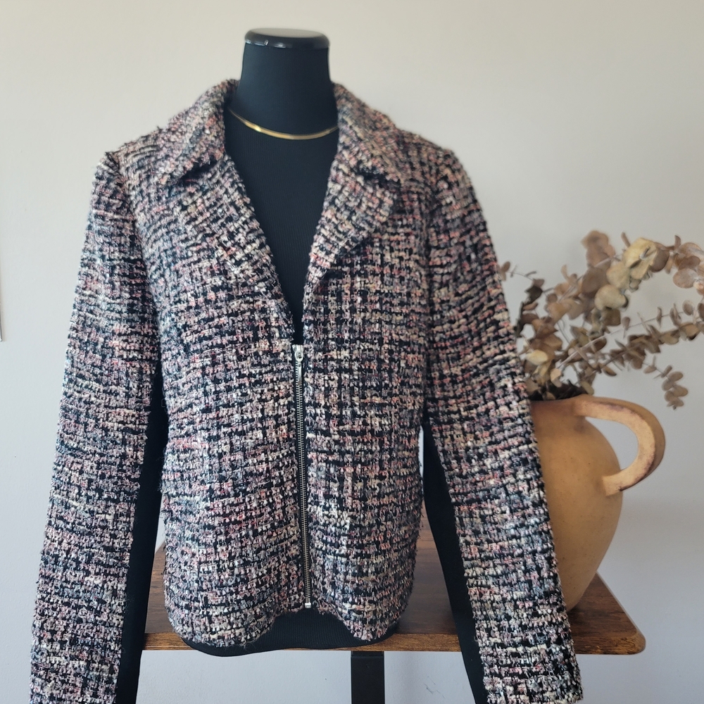 Colorful Tweed Moto Zip Jacket Blazer Office Chic Sz 14 Spring Layers